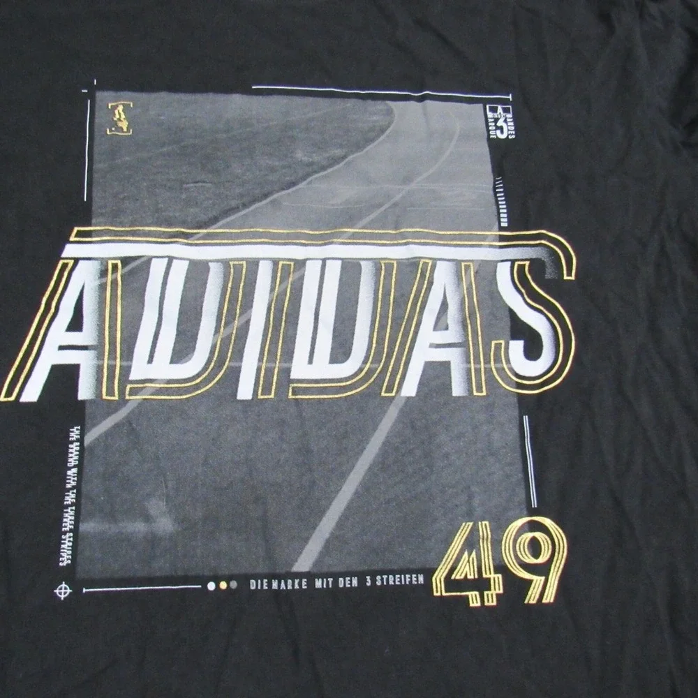 Adidas T Shirt Mens XL Black Gold Graphic Logo Short Sleeve Athleisure Tee Moto